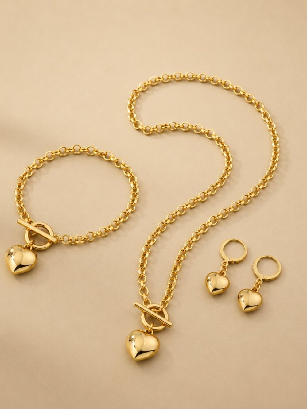 3pc Gold Heart Charm Necklace Bracelet & Earrings Jewelry Set